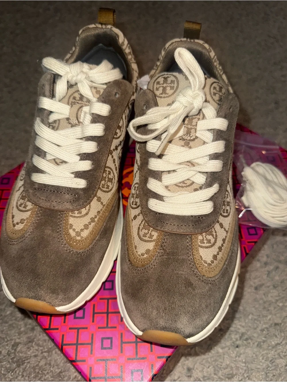 Tory Burch Logo Suede & Canvas Sneakers & matching bucket-bag. Dust-bag too.